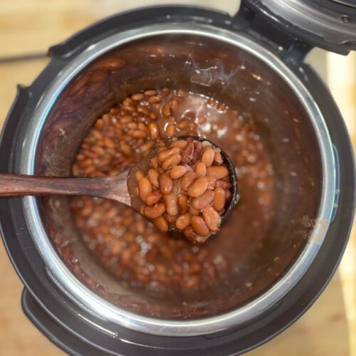 Homemade pinto beans fresh out of the pressure cooker, scooped in a wooden scooper.