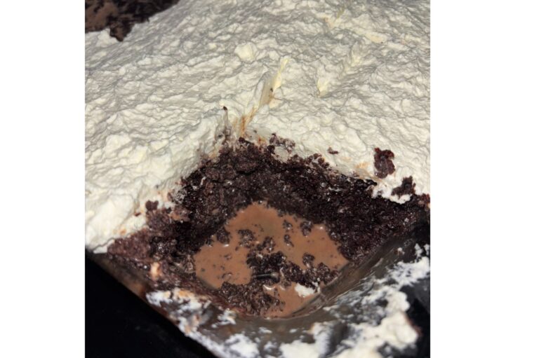 Chocolate Sourdough Tres Leches cake with a piece cut out and the milk filling is pooled where the piece was. There is homemade whipped cream on top.